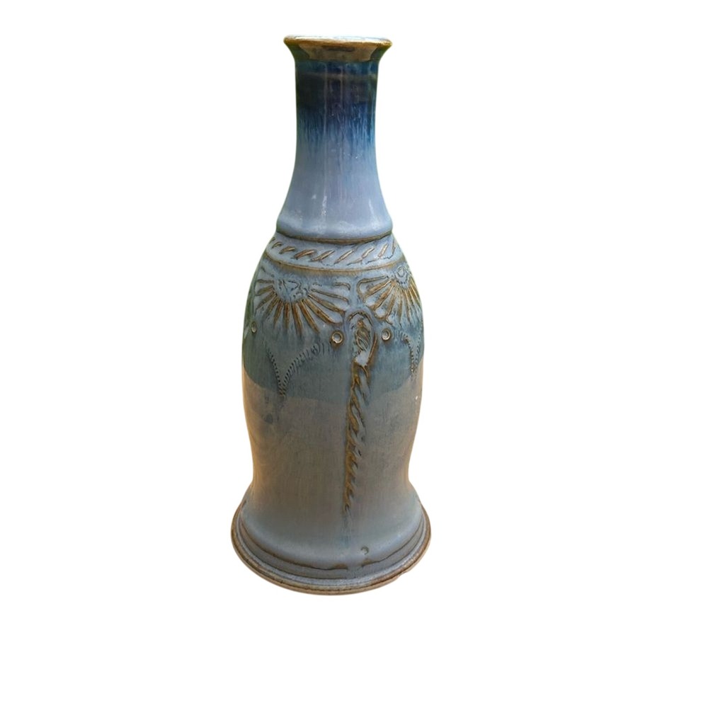Vintage Blue Single Bud Vase Ceramic Stoneware Etched Design Unique Decor 8"